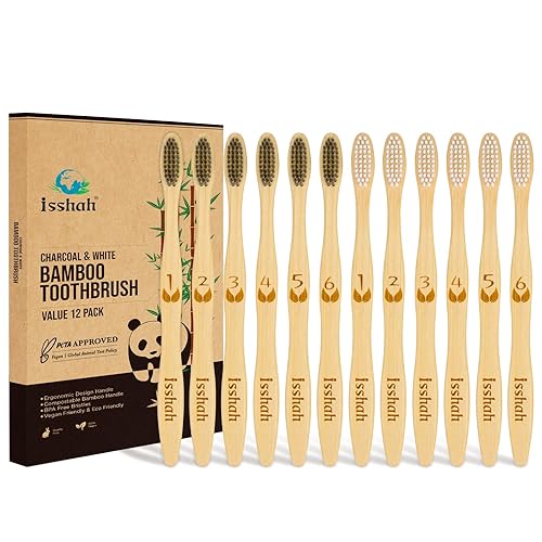 Isshah Biodegradable Bamboo Charcoal Toothbrushes 12 Count