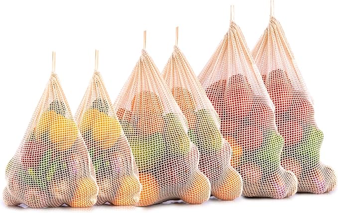 All Cotton and Linen organic mesh produce bags set of 6 with drawstring for grocery shopping