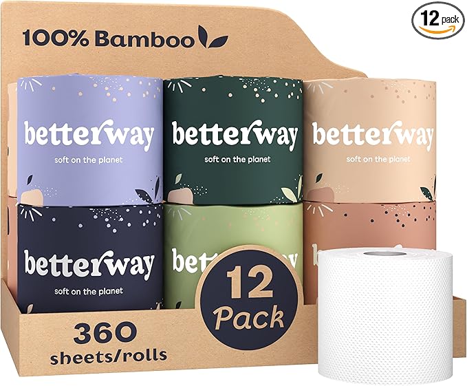 Betterway Bamboo Toilet Paper 3 Ply – 12 Long-Lasting Rolls, Organic & FSC Certified