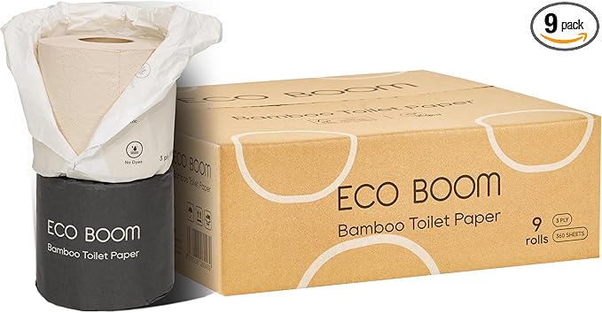 ECO BOOM Unbleached Bamboo Toilet Paper – 100% Tree-Free, Plastic-Free, 9 Rolls