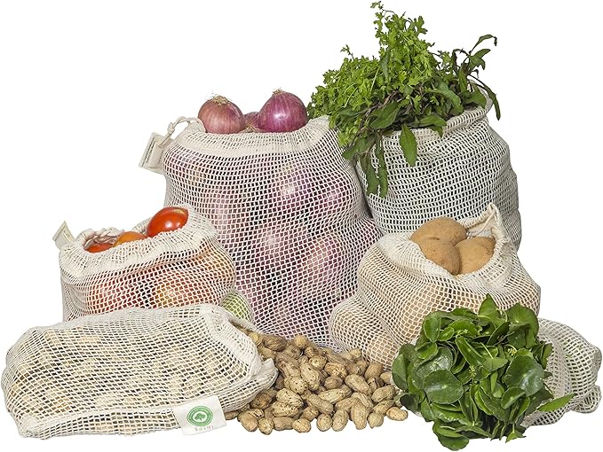 Organic Cotton Mart reusable mesh produce bags set of 6 in different sizes