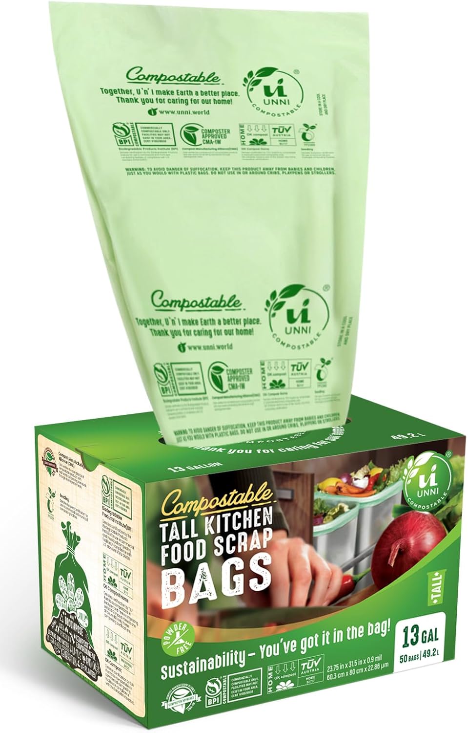 UNNI Compostable Trash Bags 13 Gallon - BPI Certified Eco-Friendly Kitchen Bags