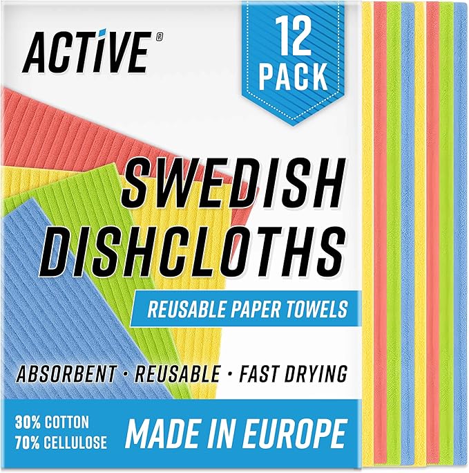 ACTIVE Swedish Dish Cloths 12-Pack – Cellulose Sponge Cloths for Kitchen