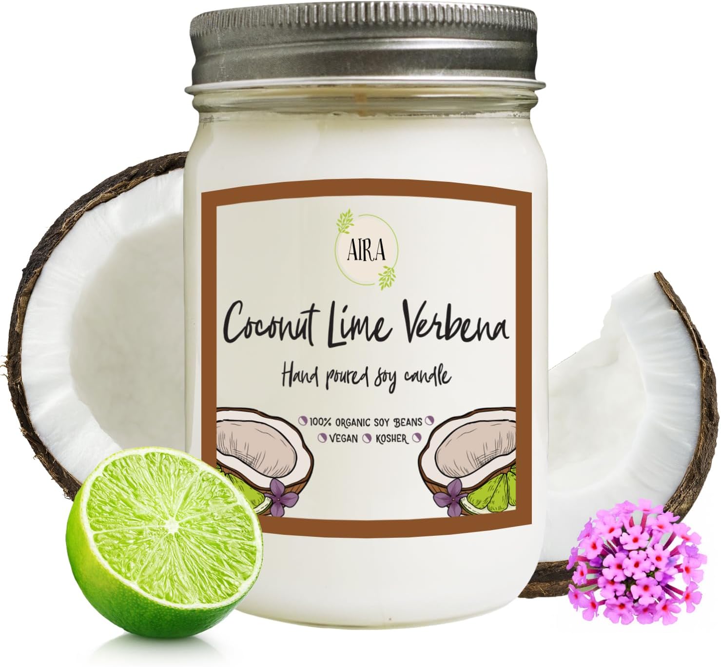 Aira Organic Soy Candle Coconut Lime Verbena Mason Jar