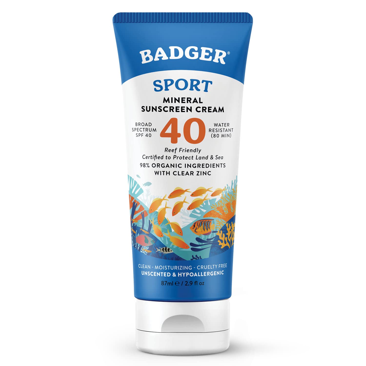 Badger Reef Safe Sport Mineral Sunscreen SPF 40 with zinc oxide, 98% organic and reef-friendly