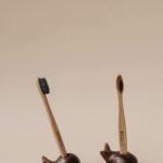 Eco-friendly bamboo toothbrushes in wooden toothbrush holders - sustainable oral care