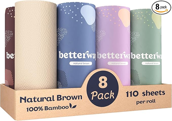 Betterway Bamboo Natural Brown Paper Towels 8 Rolls - compostable PFAS-free eco-friendly