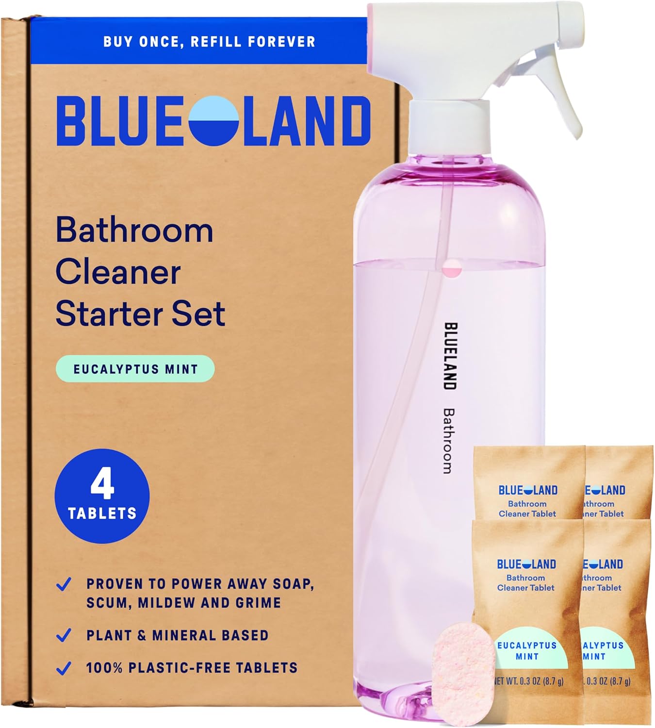 BLUELAND Bathroom Cleaner Starter Set with reusable spray bottle and eco-friendly refill tablets