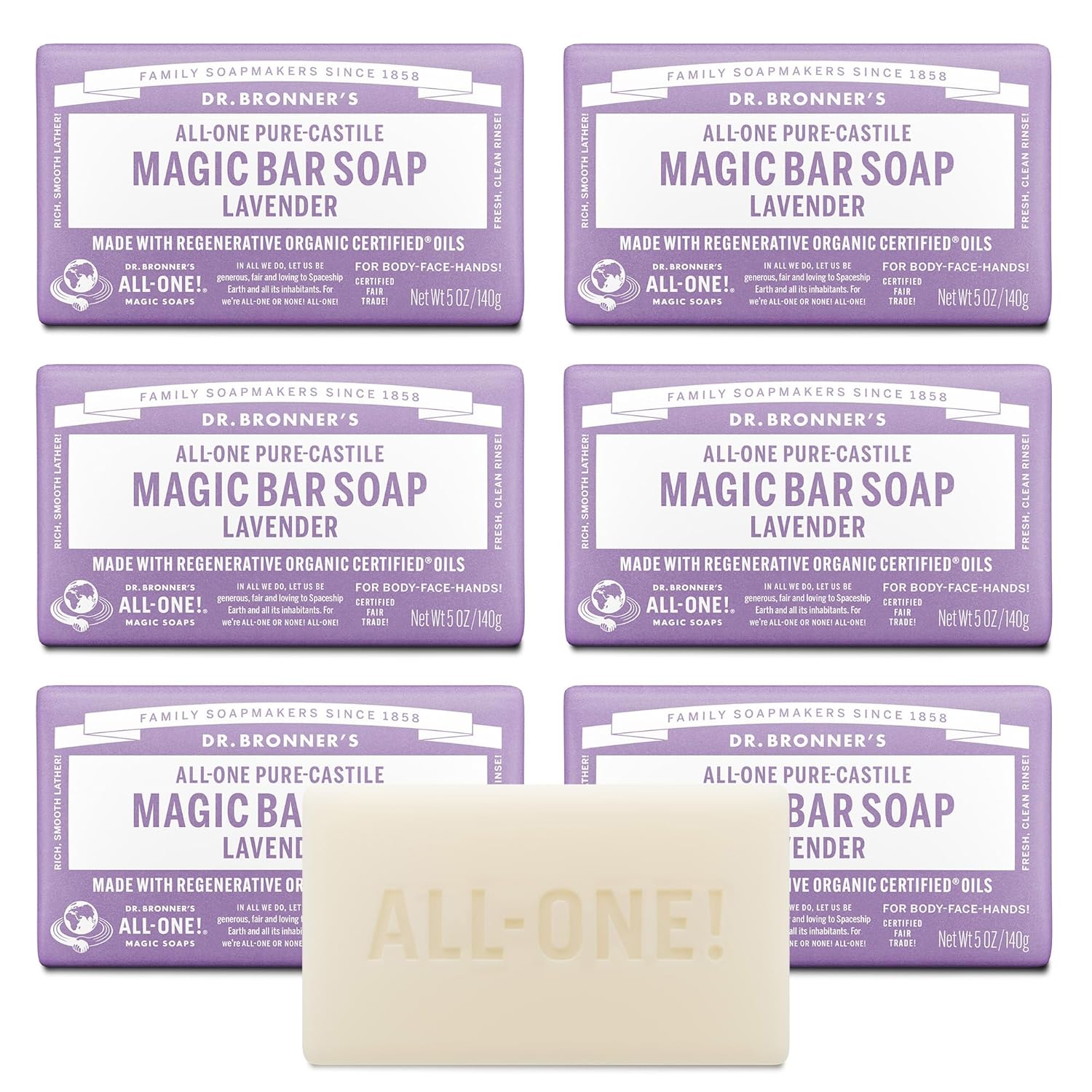Dr. Bronner's Pure-Castile Lavender bar soap 6-pack - organic biodegradable eco-friendly body wash