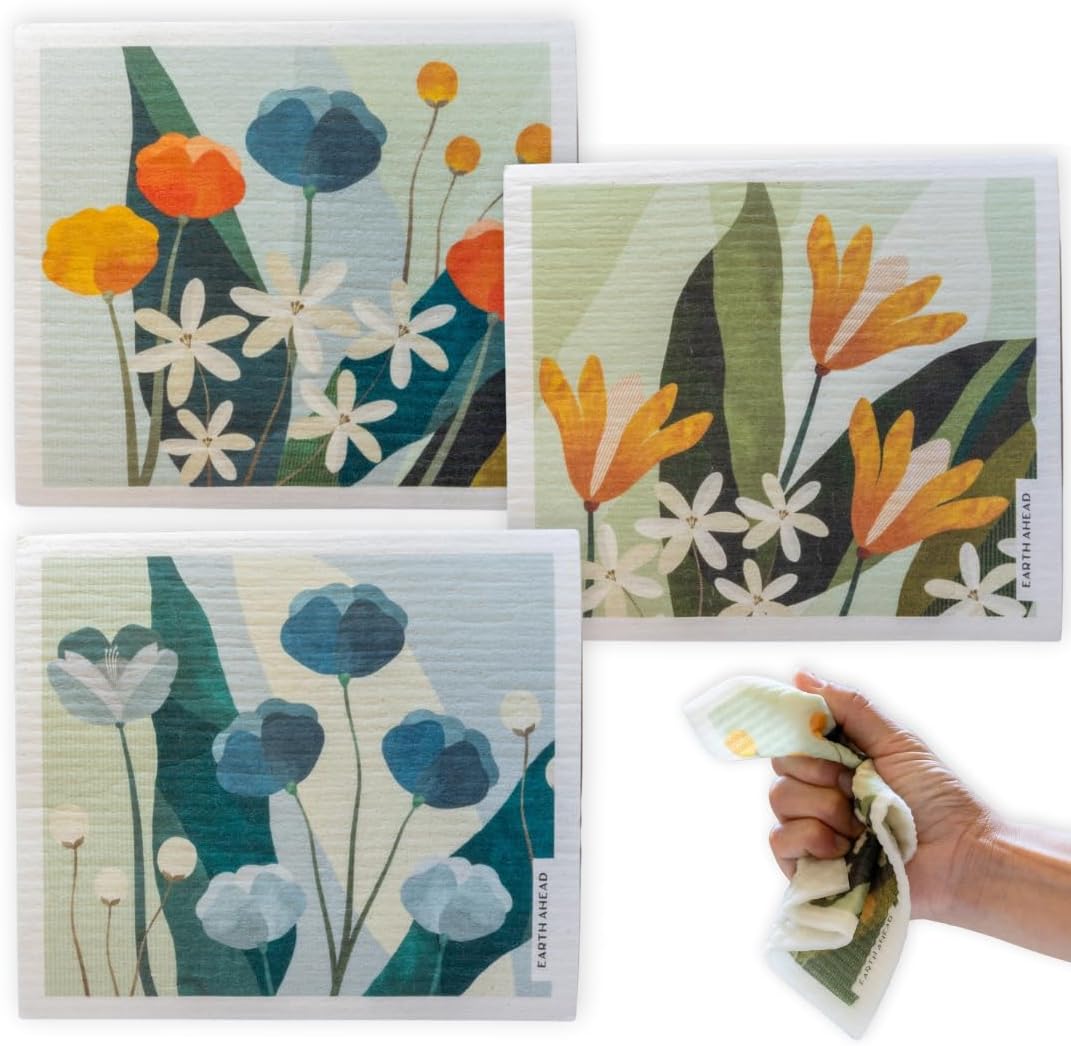 Earth Ahead Swedish Dishcloths 3-Pack – Botanical Floral Compostable Cellulose Cloth