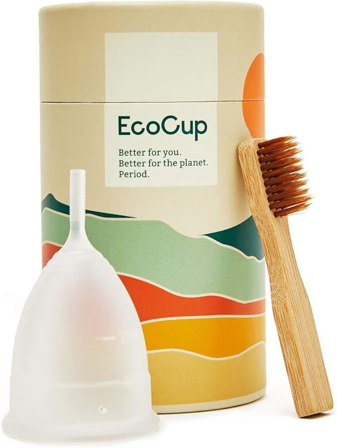 EcoCup reusable menstrual cup with bamboo cleaning brush and storage bag - zero waste period starter kit