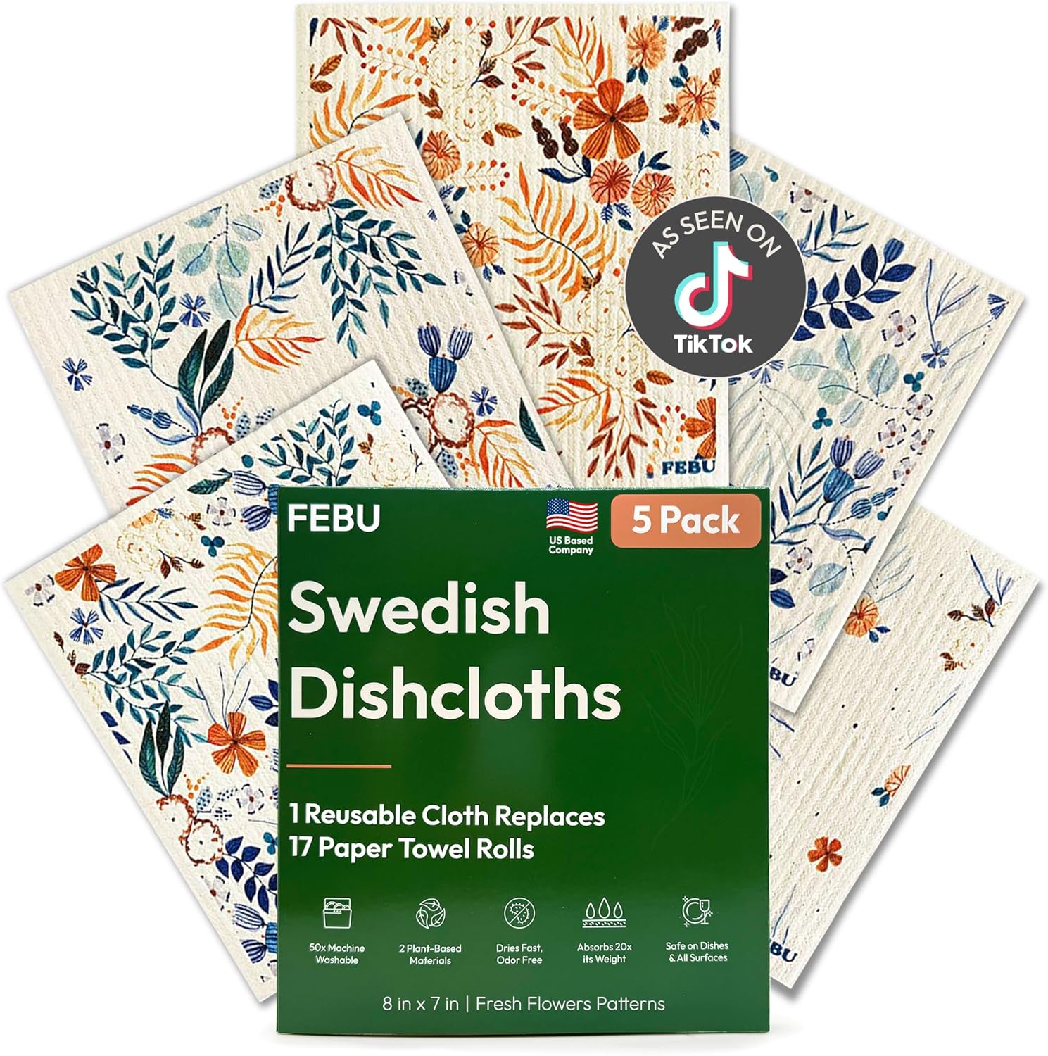 FEBU Swedish Dishcloths 5-Pack – Reusable Eco-Friendly Paper Towel Alternative