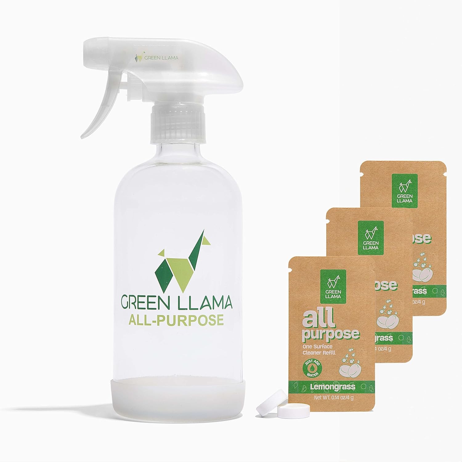 Green Llama Eco-Friendly All-Purpose Cleaning Spray with 16oz glass bottle and refill tablets