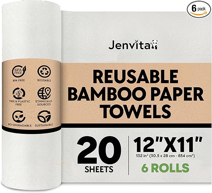 Jenvita Bamboo Paper Towels Reusable 6 Rolls - FSC certified eco-friendly washable kitchen towels