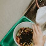 Eco-friendly kitchen compost bin with vegetable food scraps on countertop