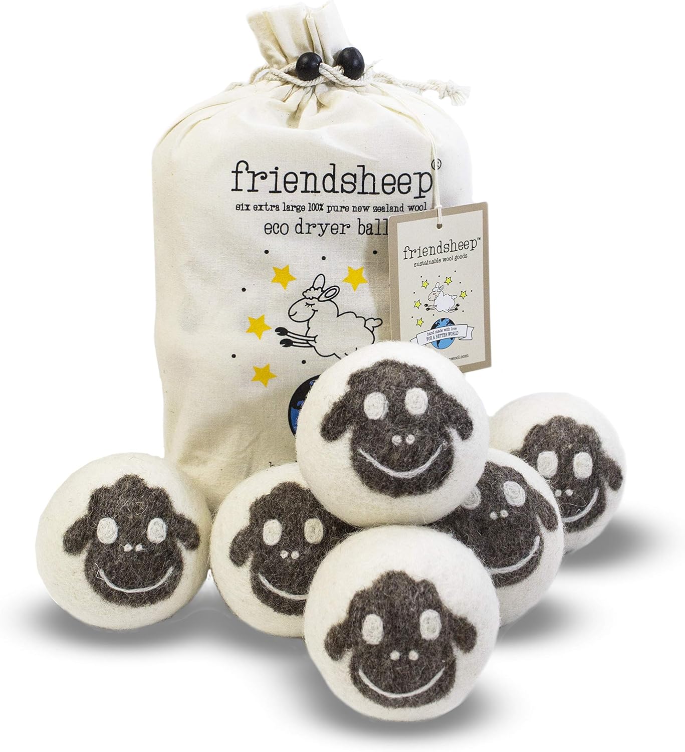 Friendsheep Organic Wool Dryer Balls XL 6-Pack – GOTS certified eco-friendly laundry