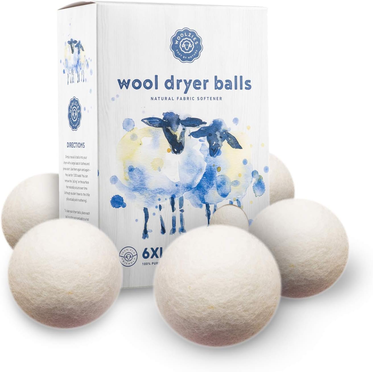 Woolzies Organic Wool Dryer Balls 6 Pack XL – eco-friendly natural fabric softener